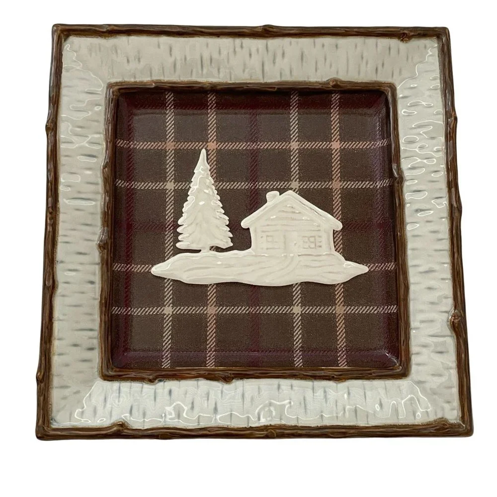 Homestudio Lake Cabin Dinner Plate Square Plaid Rustic‎ Embossed Stoneware 11